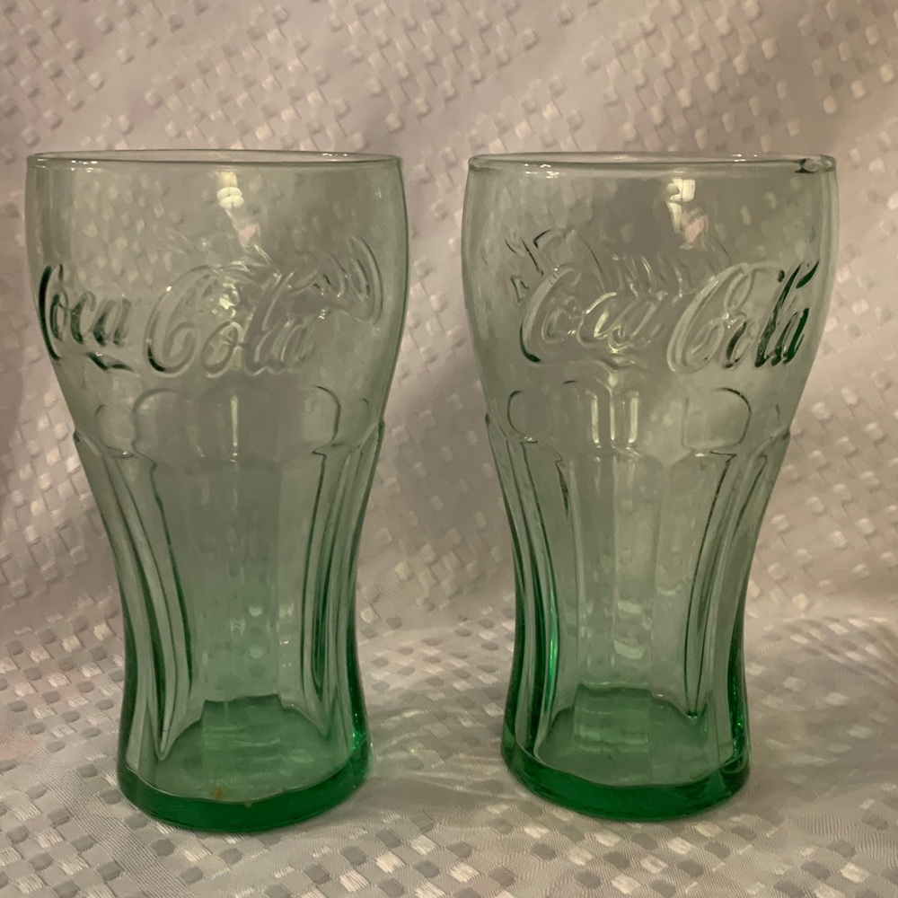 2 vintage Coca Cola green tinted drinking glasses, 6.5 inches tall.